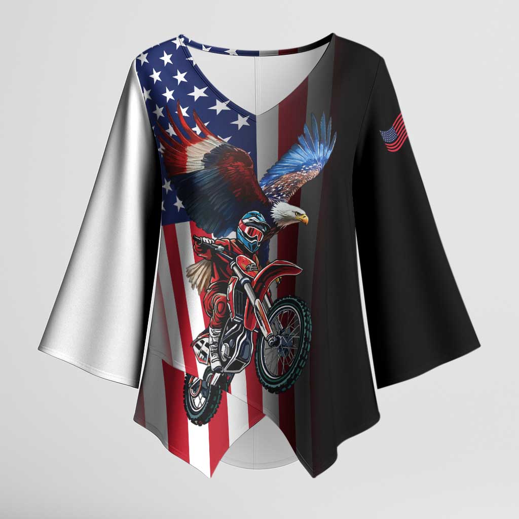 Custom Patriotic Eagle Motocross Kimono Sleeve Blouse with American Flag and Rider Design - Wonder Print Shop