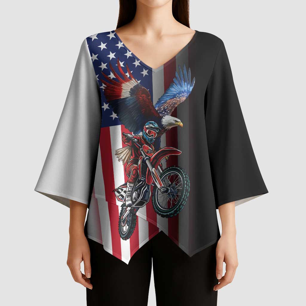 Custom Patriotic Eagle Motocross Kimono Sleeve Blouse with American Flag and Rider Design - Wonder Print Shop