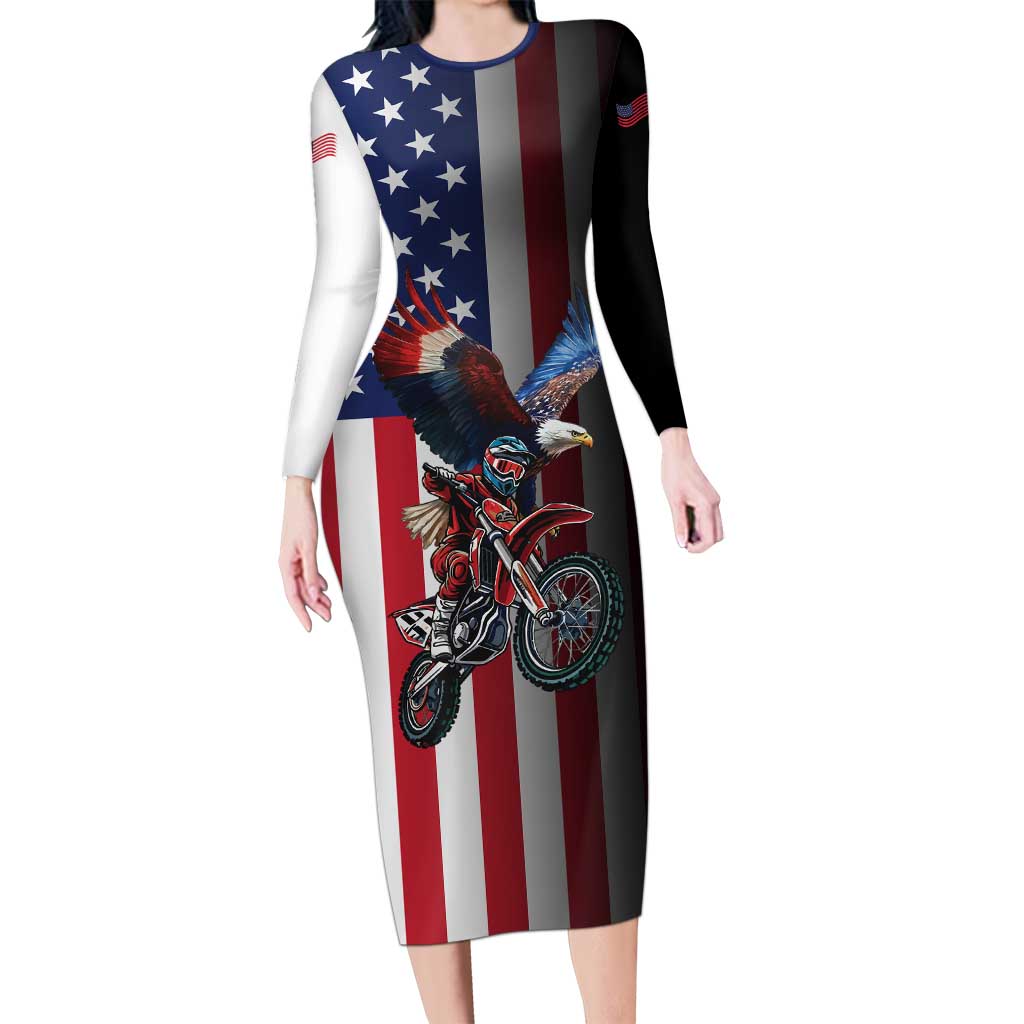 Custom Patriotic Eagle Motocross Long Sleeve Bodycon Dress with American Flag and Rider Design - Wonder Print Shop