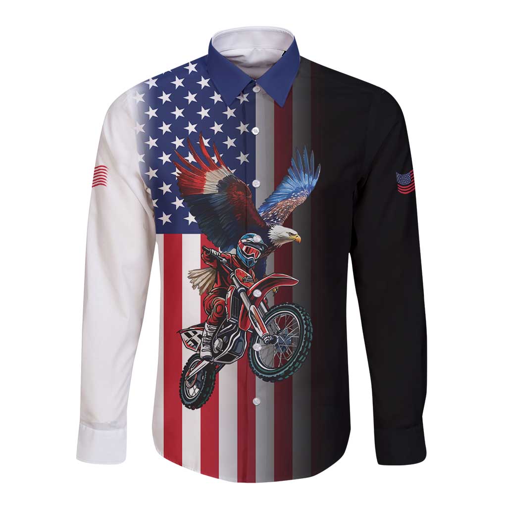 Custom Patriotic Eagle Motocross Long Sleeve Button Shirt with American Flag and Rider Design - Wonder Print Shop