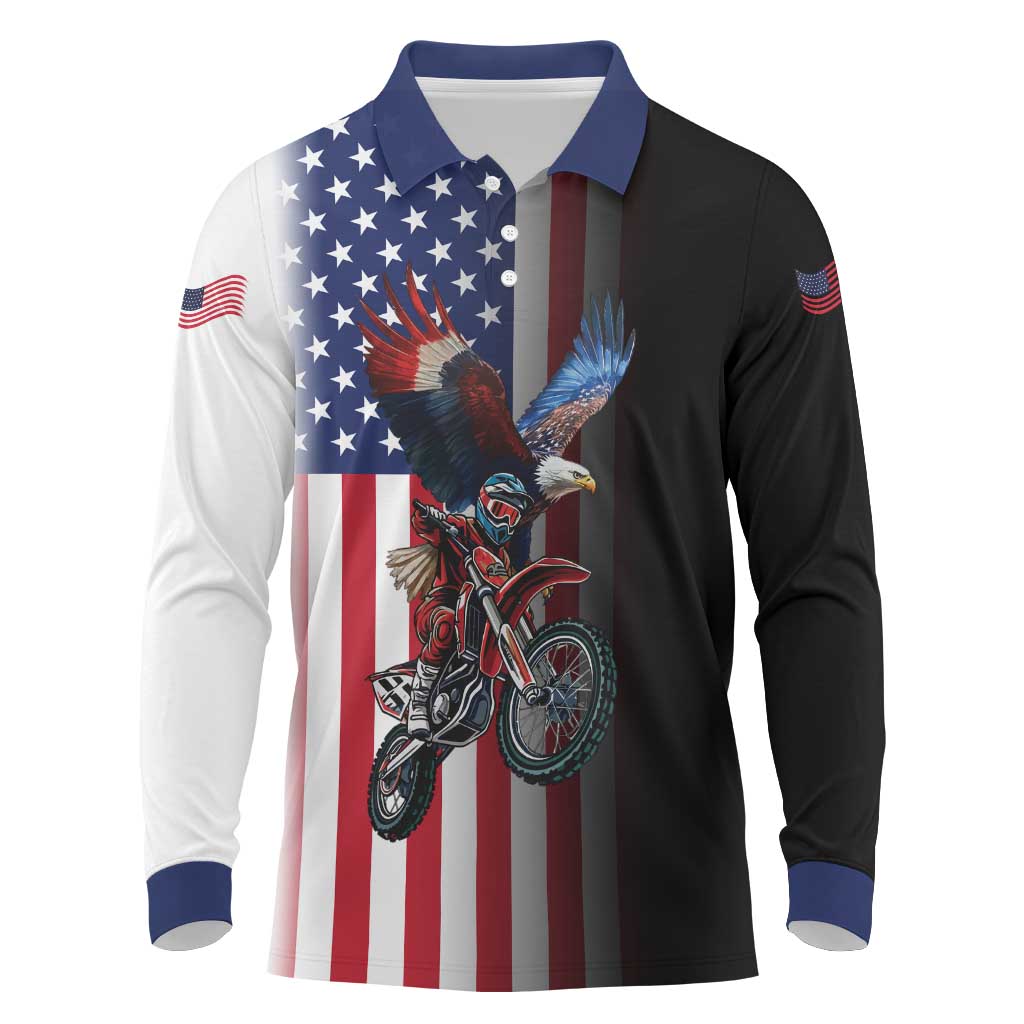 Custom Patriotic Eagle Motocross Long Sleeve Polo Shirt with American Flag and Rider Design - Wonder Print Shop
