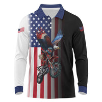 Custom Patriotic Eagle Motocross Long Sleeve Polo Shirt with American Flag and Rider Design - Wonder Print Shop