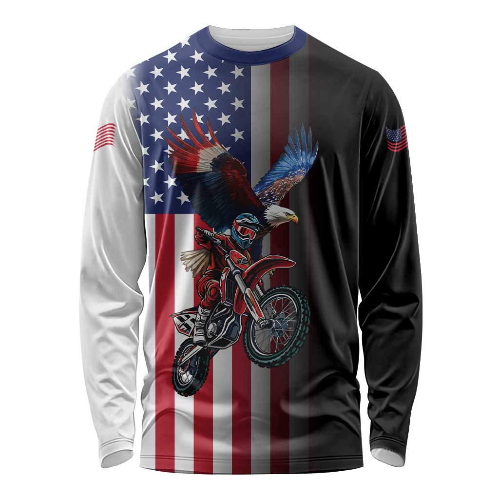 Custom Patriotic Eagle Motocross Long Sleeve Shirt with American Flag and Rider Design - Wonder Print Shop