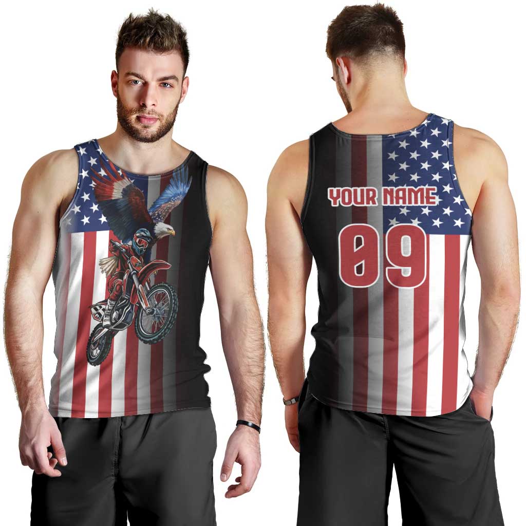 Custom Patriotic Eagle Motocross Men Tank Top with American Flag and Rider Design - Wonder Print Shop