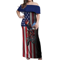 Custom Patriotic Eagle Motocross Off Shoulder Maxi Dress with American Flag and Rider Design - Wonder Print Shop