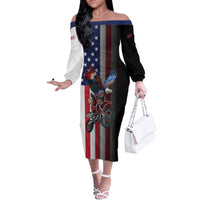 Custom Patriotic Eagle Motocross Off The Shoulder Long Sleeve Dress with American Flag and Rider Design - Wonder Print Shop
