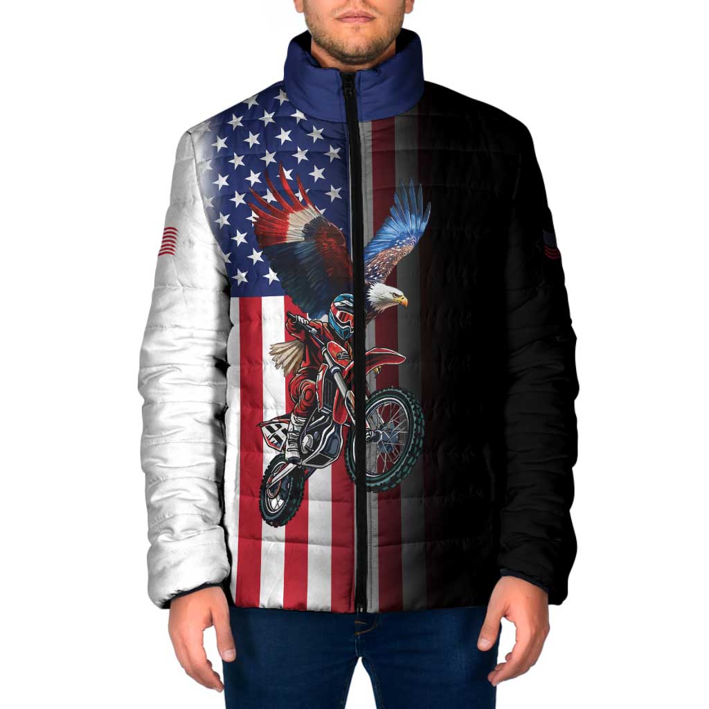 Custom Patriotic Eagle Motocross Padded Jacket with American Flag and Rider Design - Wonder Print Shop