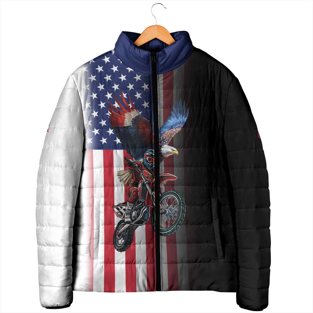 Custom Patriotic Eagle Motocross Padded Jacket with American Flag and Rider Design - Wonder Print Shop