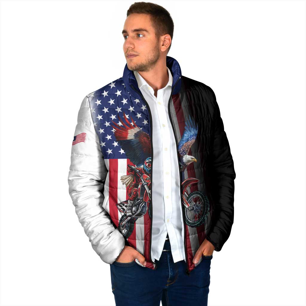 Custom Patriotic Eagle Motocross Padded Jacket with American Flag and Rider Design - Wonder Print Shop