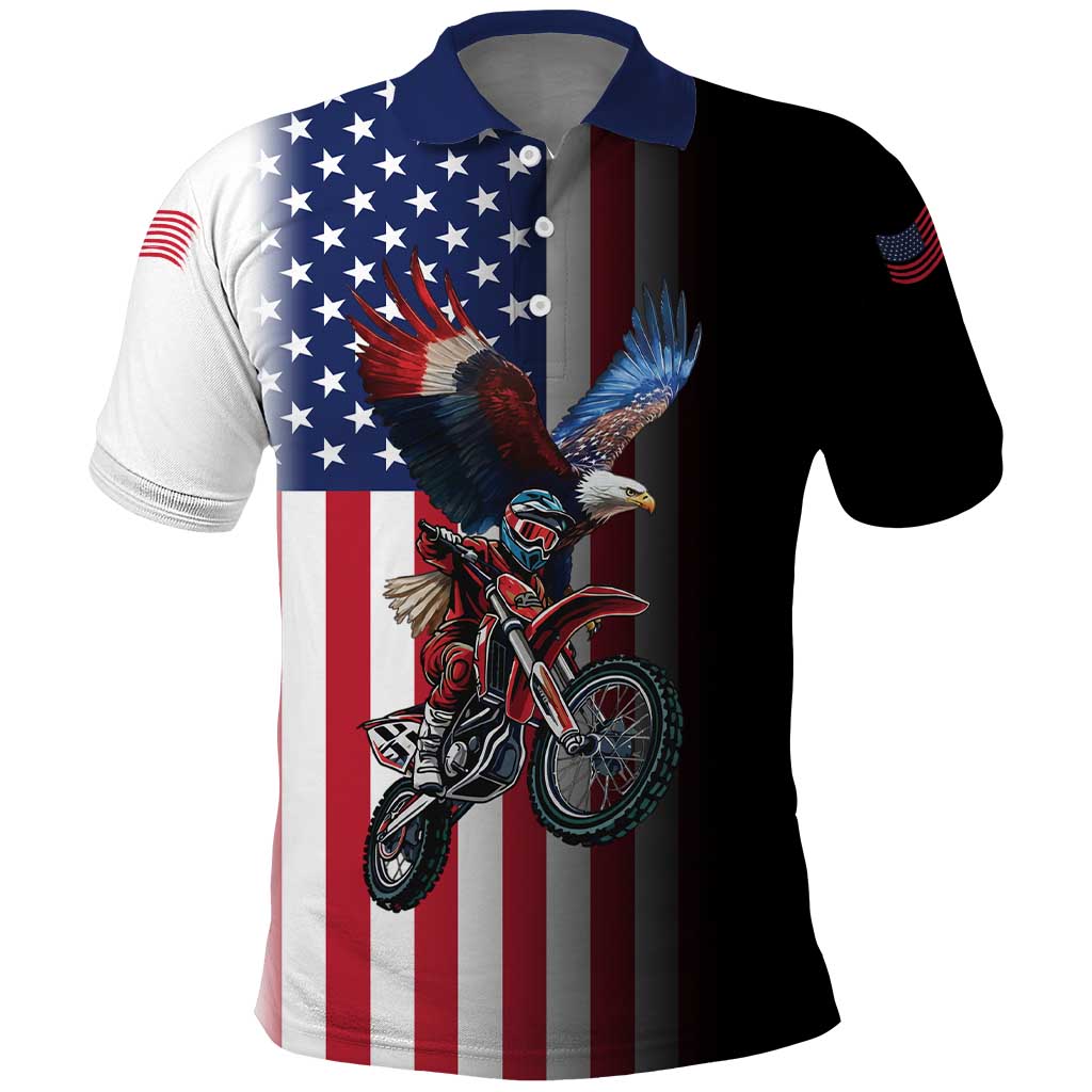 Custom Patriotic Eagle Motocross Polo Shirt with American Flag and Rider Design - Wonder Print Shop