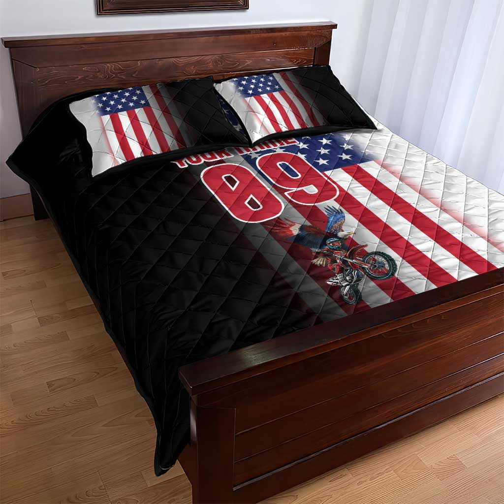 Custom Patriotic Eagle Motocross Quilt Bed Set with American Flag and Rider Design - Wonder Print Shop