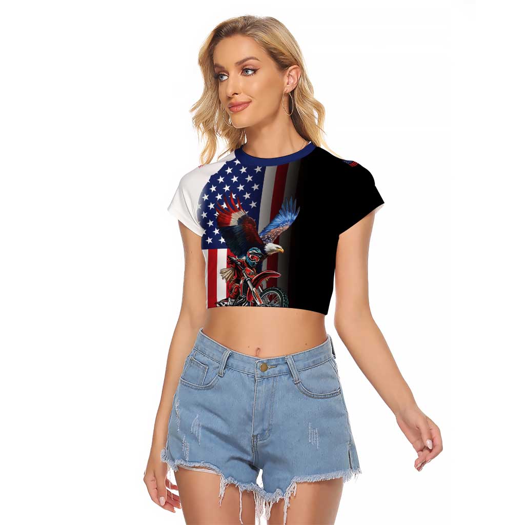 Custom Patriotic Eagle Motocross Raglan Cropped T Shirt with American Flag and Rider Design - Wonder Print Shop