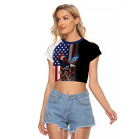 Custom Patriotic Eagle Motocross Raglan Cropped T Shirt with American Flag and Rider Design - Wonder Print Shop