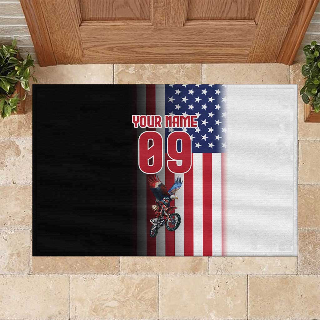 Custom Patriotic Eagle Motocross Rubber Doormat with American Flag and Rider Design - Wonder Print Shop