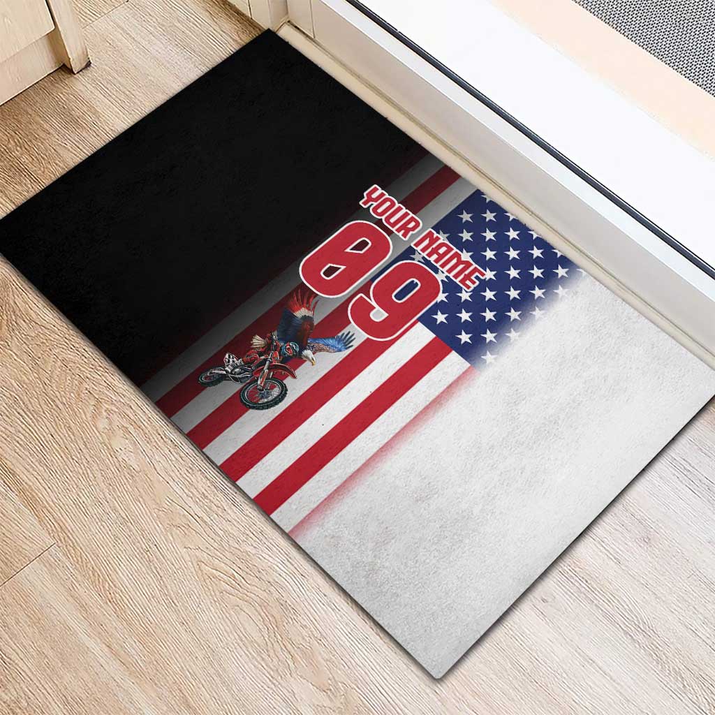 Custom Patriotic Eagle Motocross Rubber Doormat with American Flag and Rider Design - Wonder Print Shop