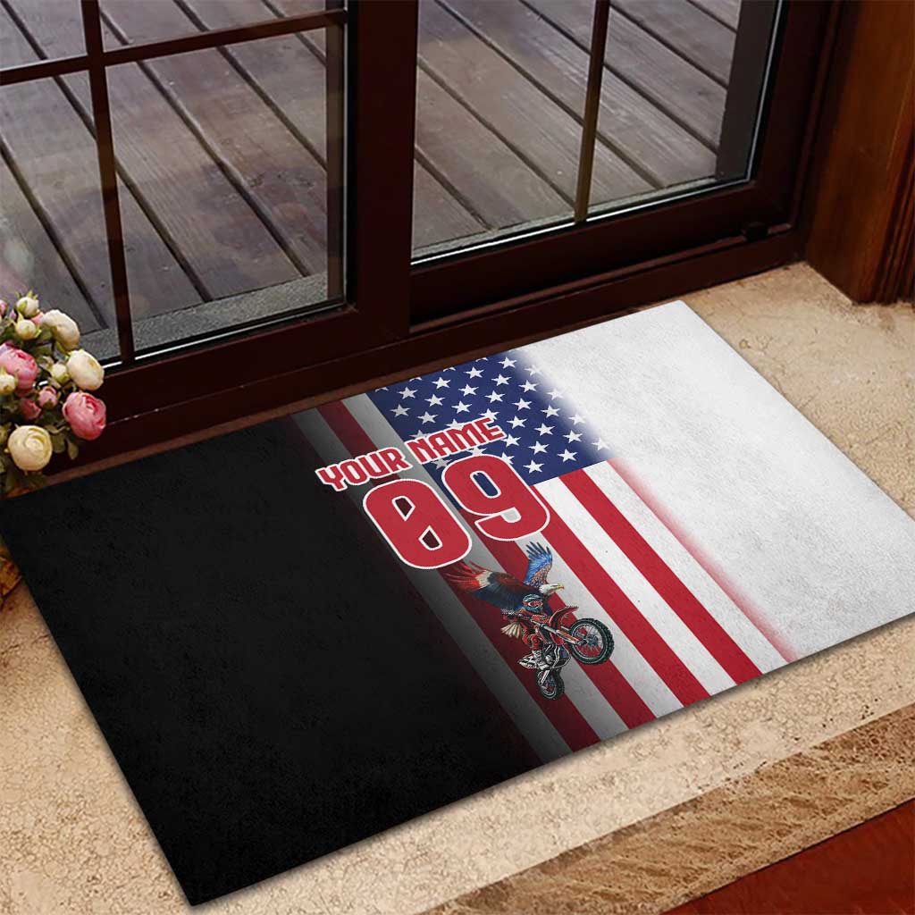 Custom Patriotic Eagle Motocross Rubber Doormat with American Flag and Rider Design - Wonder Print Shop