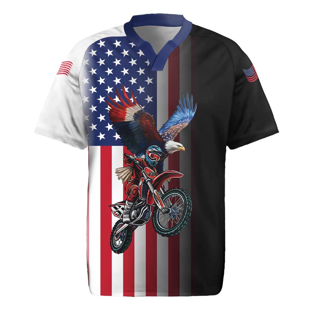 Custom Patriotic Eagle Motocross Rugby Jersey with American Flag and Rider Design - Wonder Print Shop
