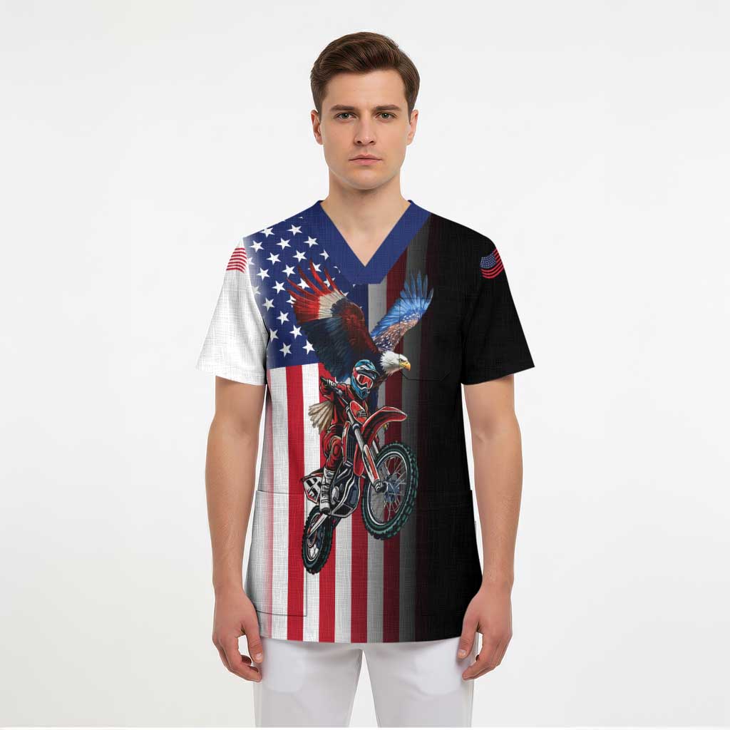 Custom Patriotic Eagle Motocross Scrub Top with American Flag and Rider Design - Wonder Print Shop