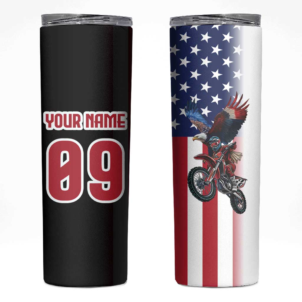 Custom Patriotic Eagle Motocross Skinny Tumbler with American Flag and Rider Design - Wonder Print Shop