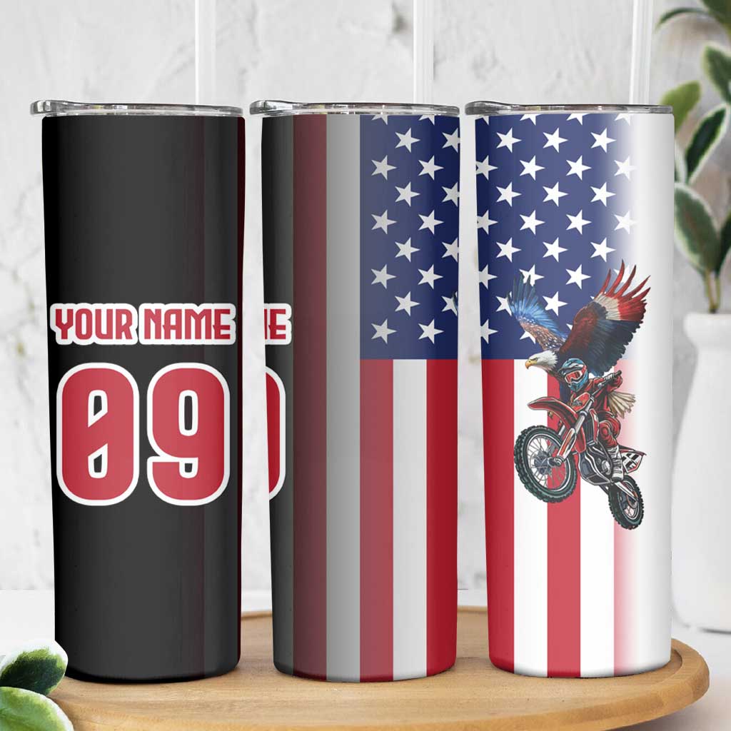 Custom Patriotic Eagle Motocross Skinny Tumbler with American Flag and Rider Design - Wonder Print Shop