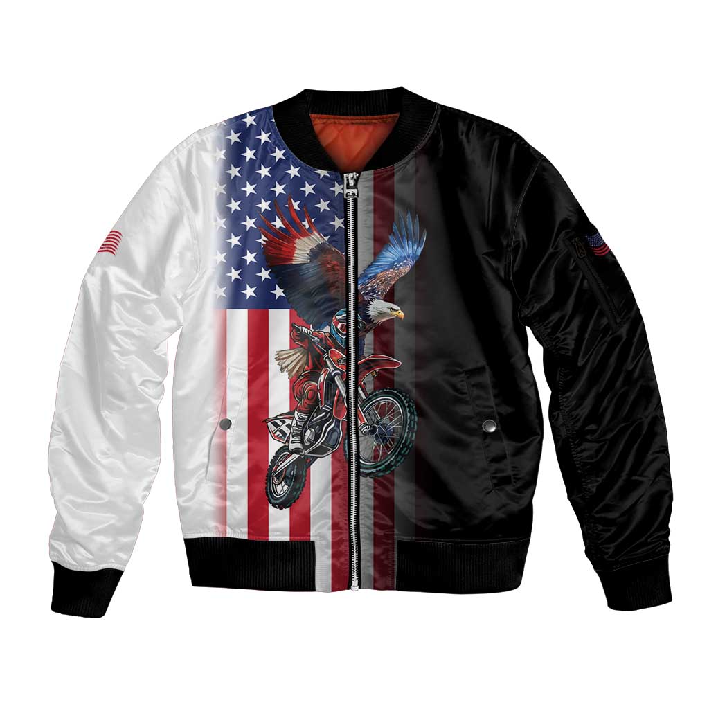 Custom Patriotic Eagle Motocross Sleeve Zip Bomber Jacket with American Flag and Rider Design - Wonder Print Shop