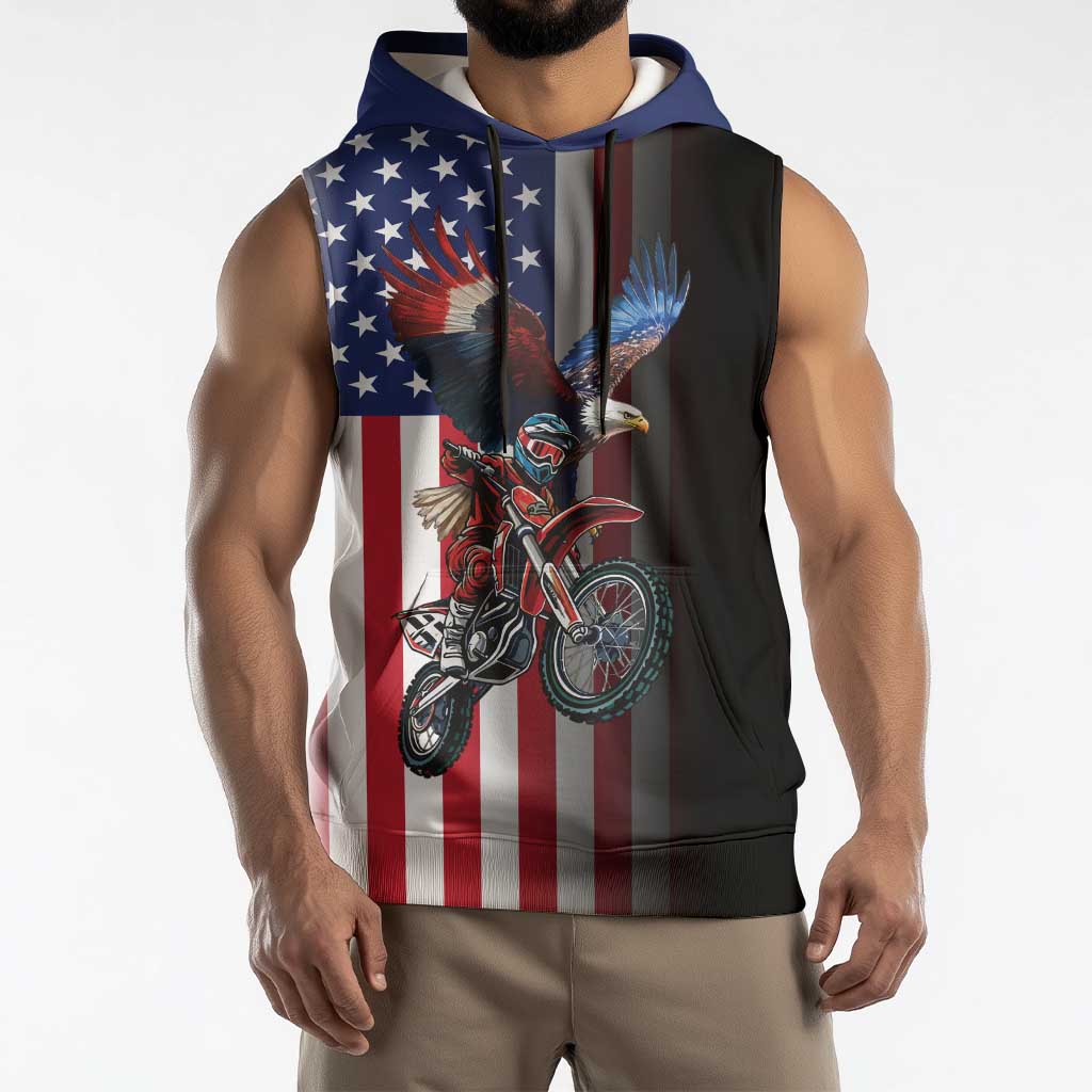 Custom Patriotic Eagle Motocross Sleeveless Hoodie with American Flag and Rider Design - Wonder Print Shop
