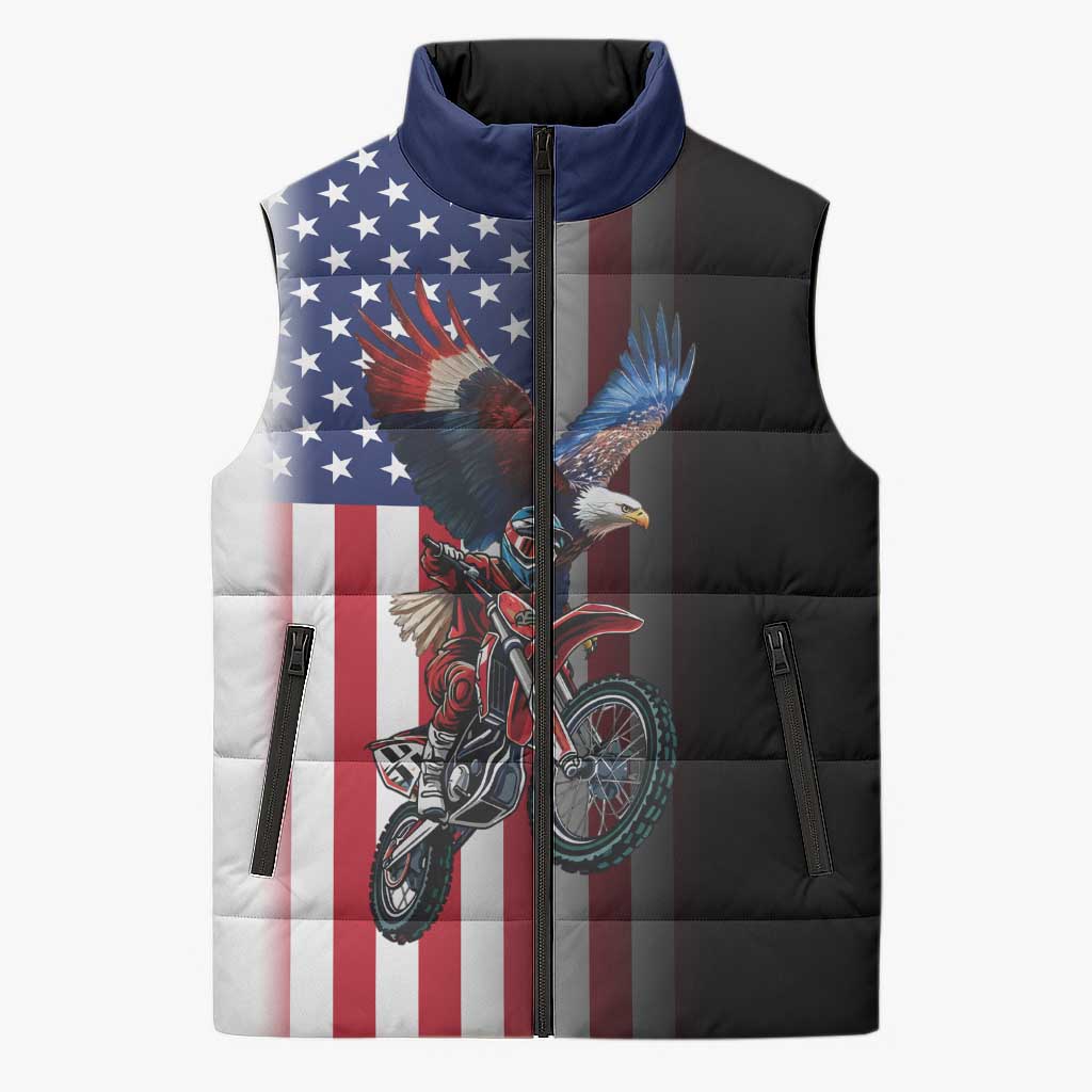 Custom Patriotic Eagle Motocross Sleeveless Puffer Jacket with American Flag and Rider Design - Wonder Print Shop