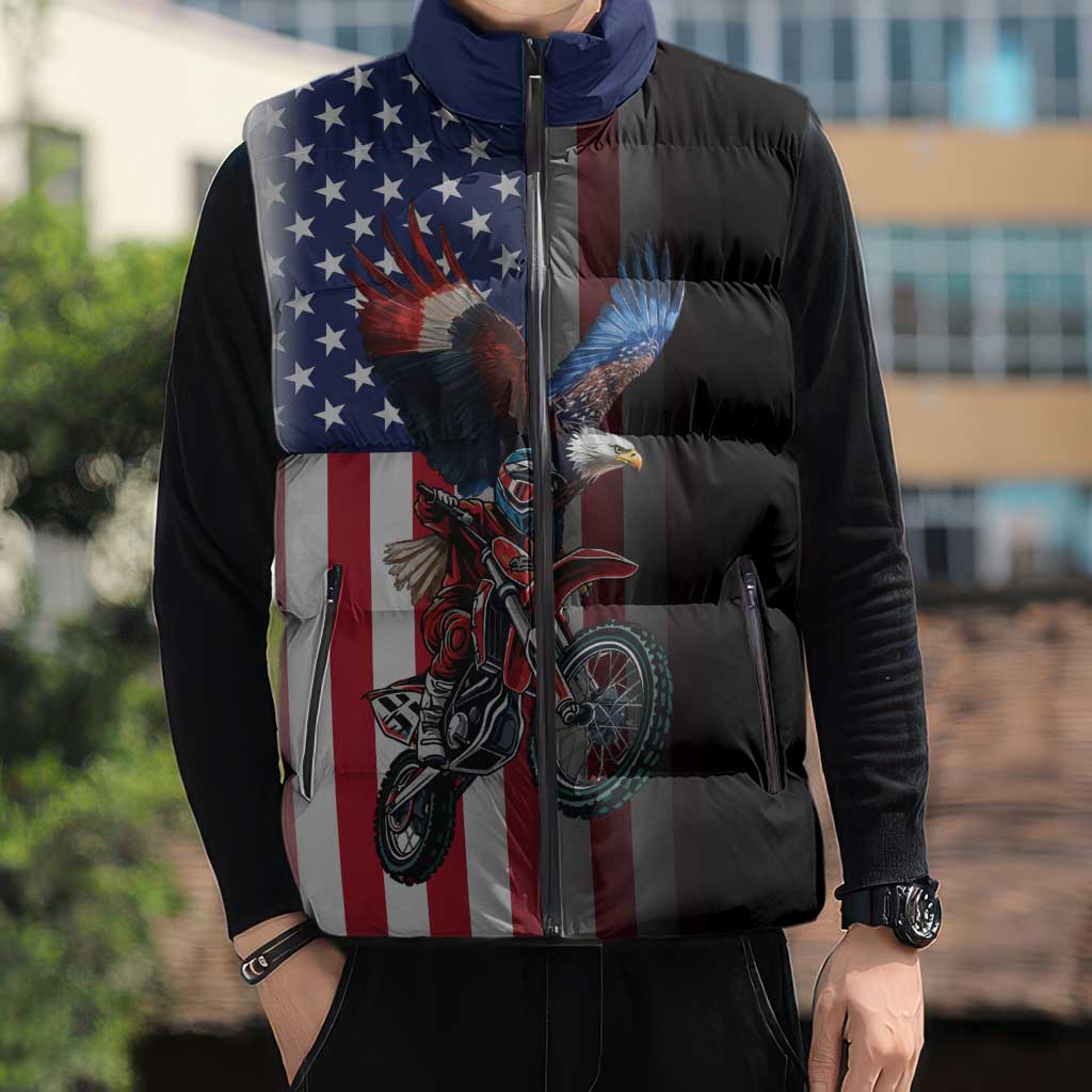Custom Patriotic Eagle Motocross Sleeveless Puffer Jacket with American Flag and Rider Design - Wonder Print Shop