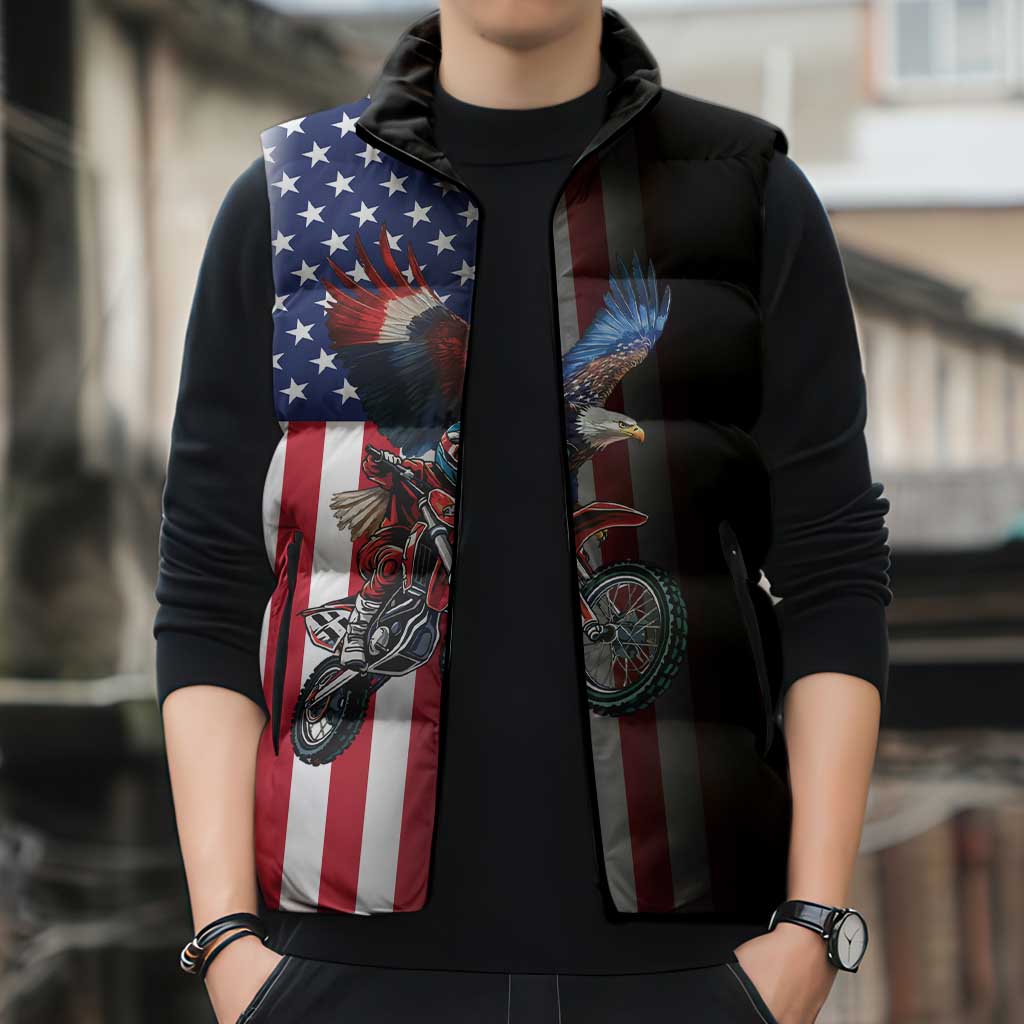 Custom Patriotic Eagle Motocross Sleeveless Puffer Jacket with American Flag and Rider Design - Wonder Print Shop