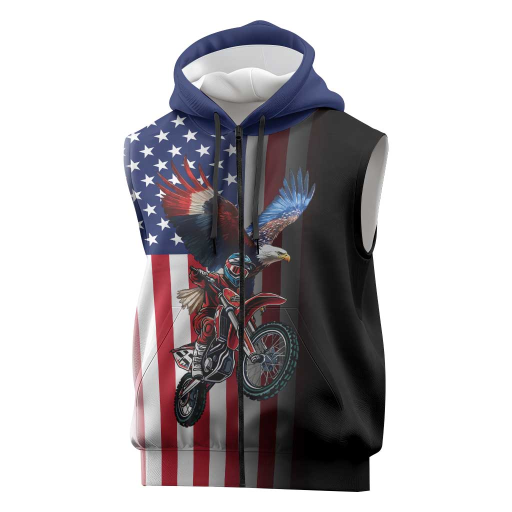 Custom Patriotic Eagle Motocross Sleeveless Zip Hoodie with American Flag and Rider Design - Wonder Print Shop