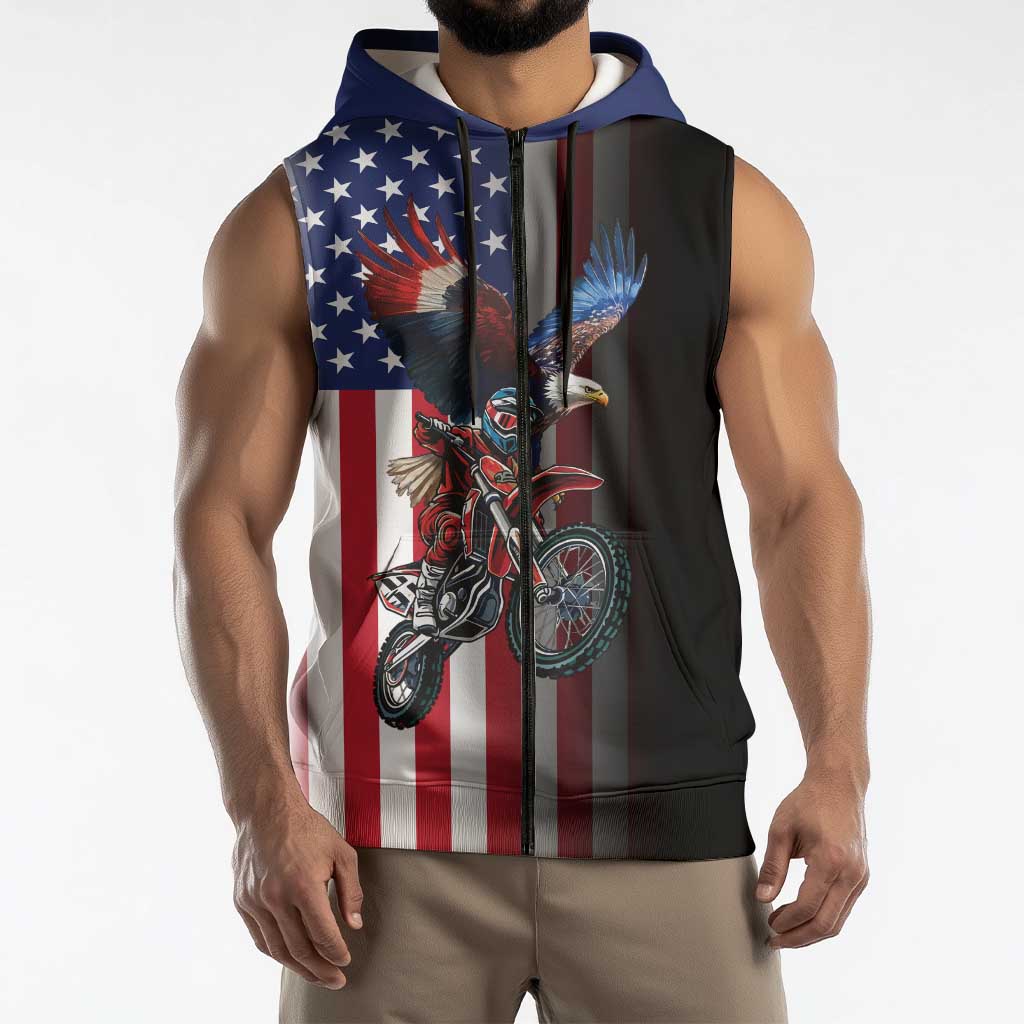 Custom Patriotic Eagle Motocross Sleeveless Zip Hoodie with American Flag and Rider Design - Wonder Print Shop