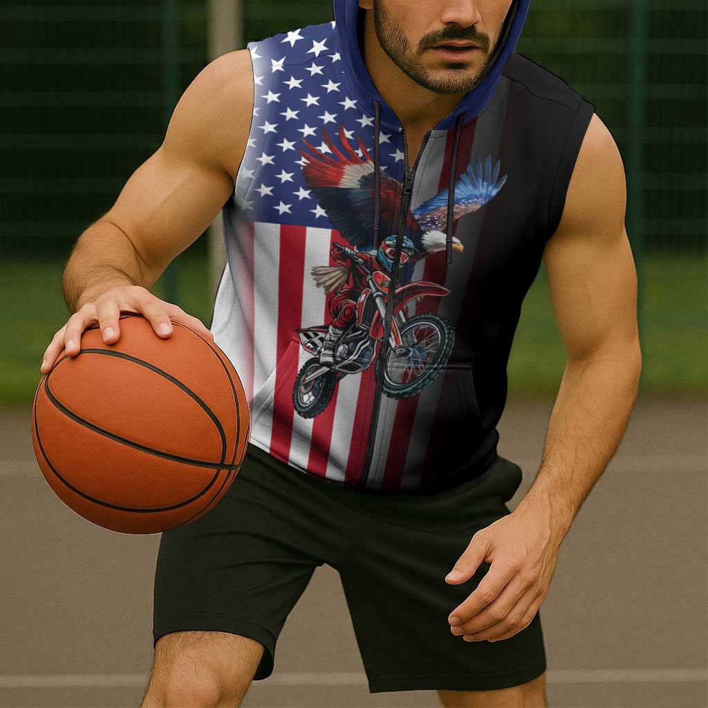 Custom Patriotic Eagle Motocross Sleeveless Zip Hoodie with American Flag and Rider Design - Wonder Print Shop