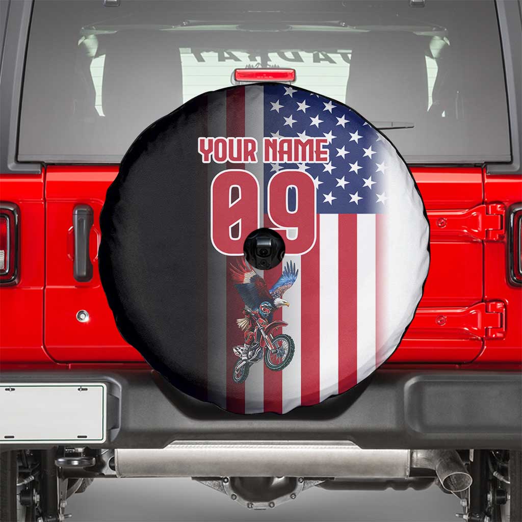 Custom Patriotic Eagle Motocross Spare Tire Cover with American Flag and Rider Design - Wonder Print Shop