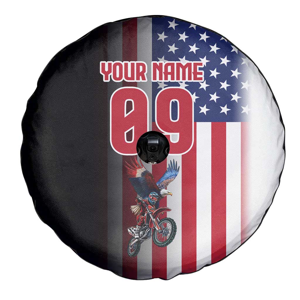 Custom Patriotic Eagle Motocross Spare Tire Cover with American Flag and Rider Design - Wonder Print Shop