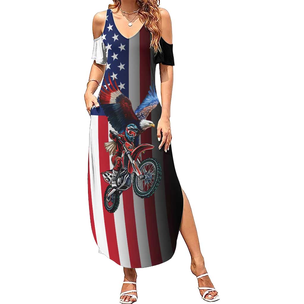 Custom Patriotic Eagle Motocross Summer Maxi Dress with American Flag and Rider Design - Wonder Print Shop