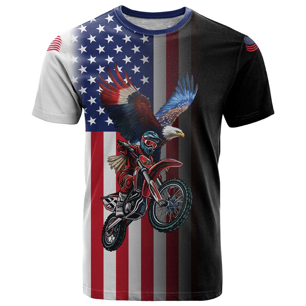 Custom Patriotic Eagle Motocross T Shirt with American Flag and Rider Design - Wonder Print Shop