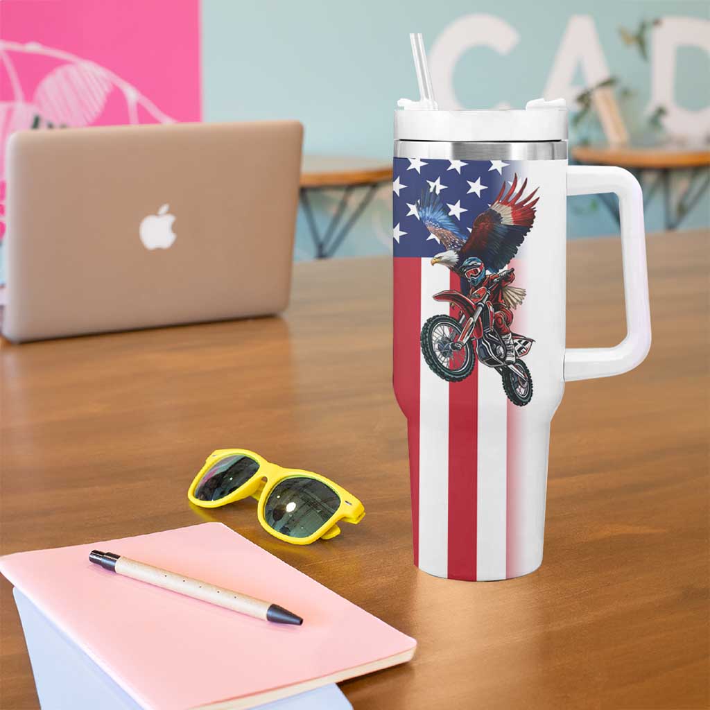 Custom Patriotic Eagle Motocross Tumbler With Handle with American Flag and Rider Design - Wonder Print Shop