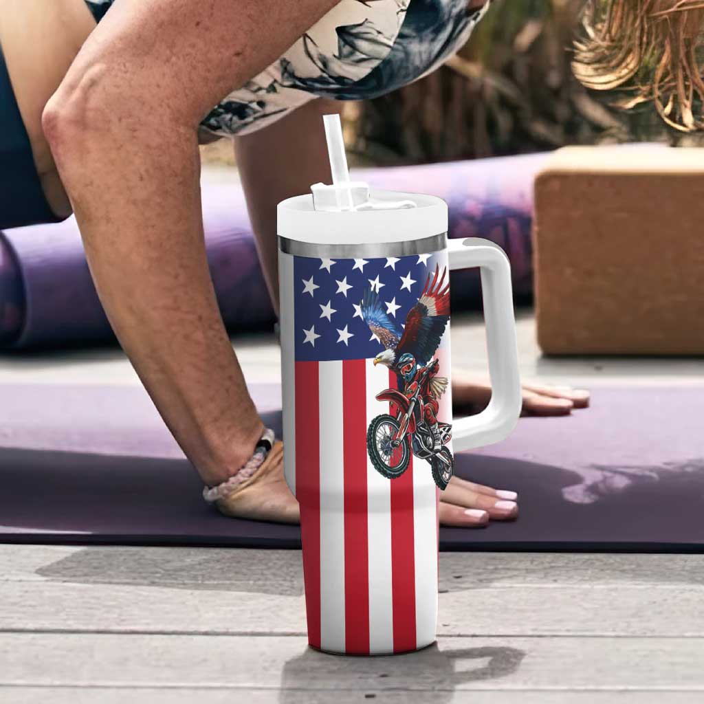 Custom Patriotic Eagle Motocross Tumbler With Handle with American Flag and Rider Design - Wonder Print Shop