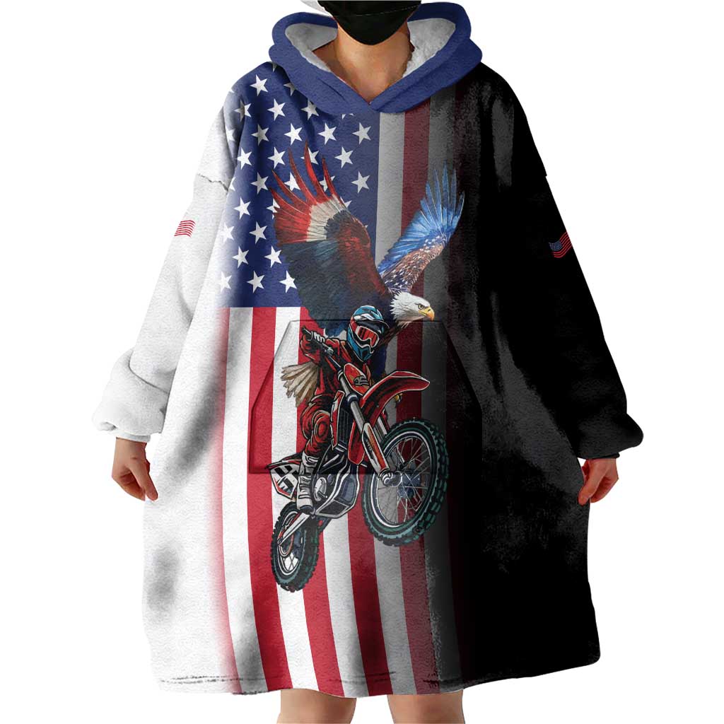 Custom Patriotic Eagle Motocross Wearable Blanket Hoodie with American Flag and Rider Design - Wonder Print Shop