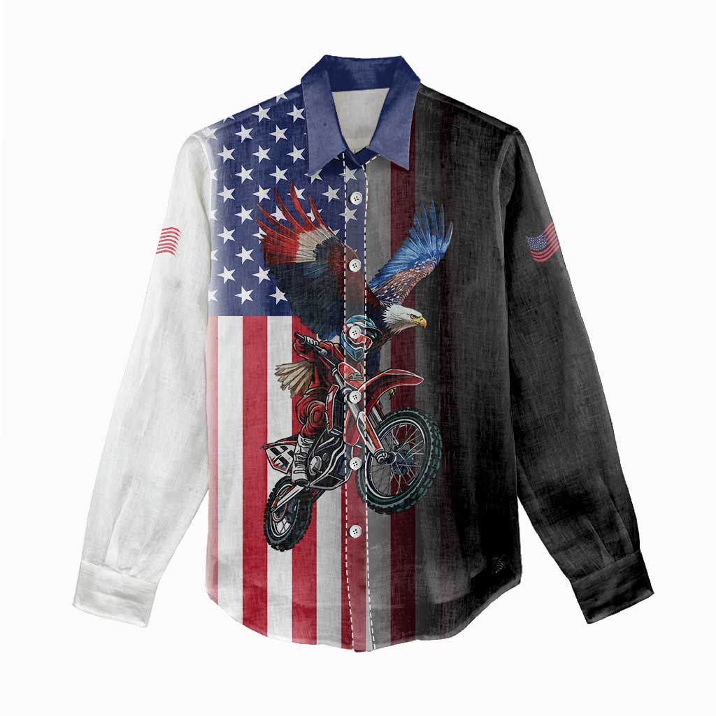 Custom Patriotic Eagle Motocross Women Casual Shirt with American Flag and Rider Design - Wonder Print Shop