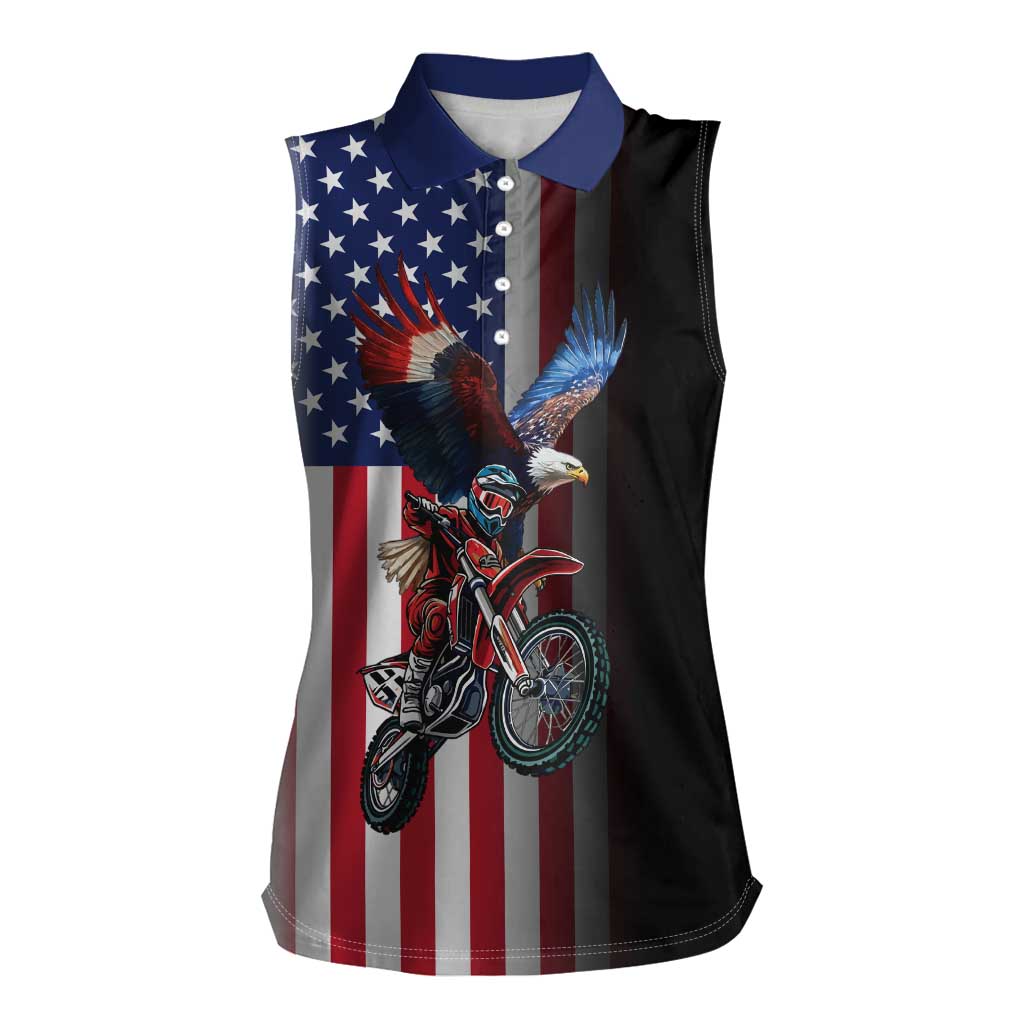 Custom Patriotic Eagle Motocross Women Sleeveless Polo Shirt with American Flag and Rider Design - Wonder Print Shop