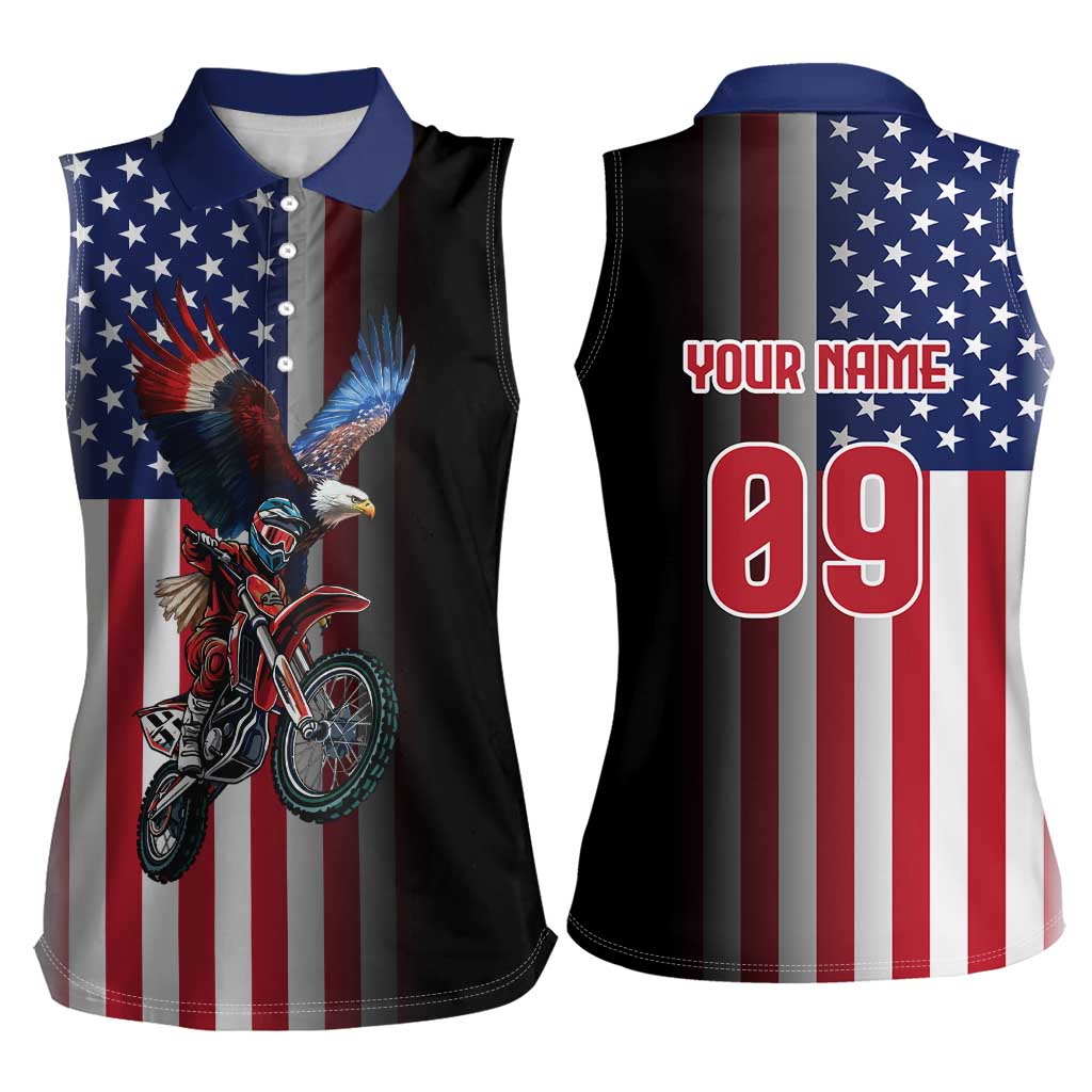 Custom Patriotic Eagle Motocross Women Sleeveless Polo Shirt with American Flag and Rider Design - Wonder Print Shop
