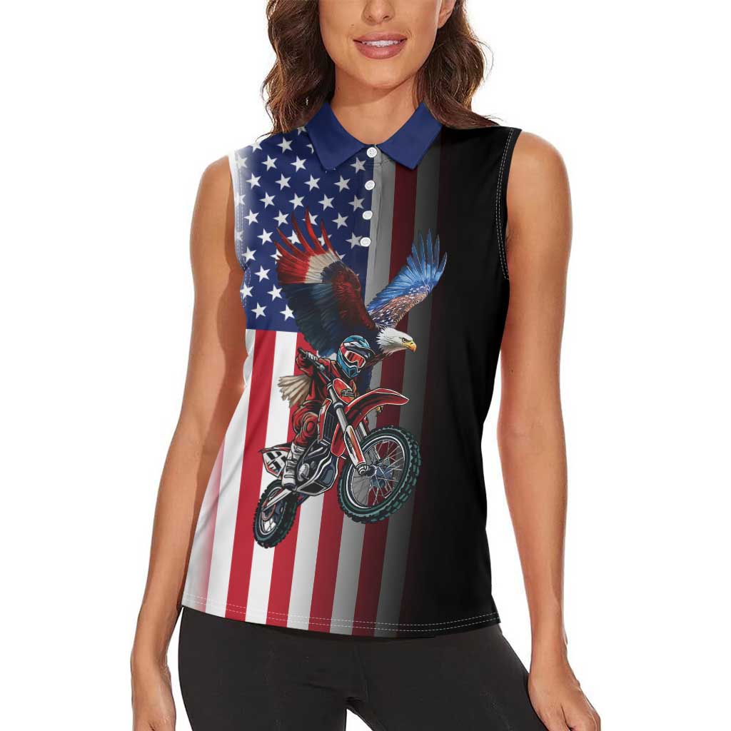 Custom Patriotic Eagle Motocross Women Sleeveless Polo Shirt with American Flag and Rider Design - Wonder Print Shop