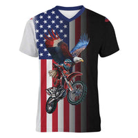 Custom Patriotic Eagle Motocross Women V-Neck T-Shirt with American Flag and Rider Design - Wonder Print Shop