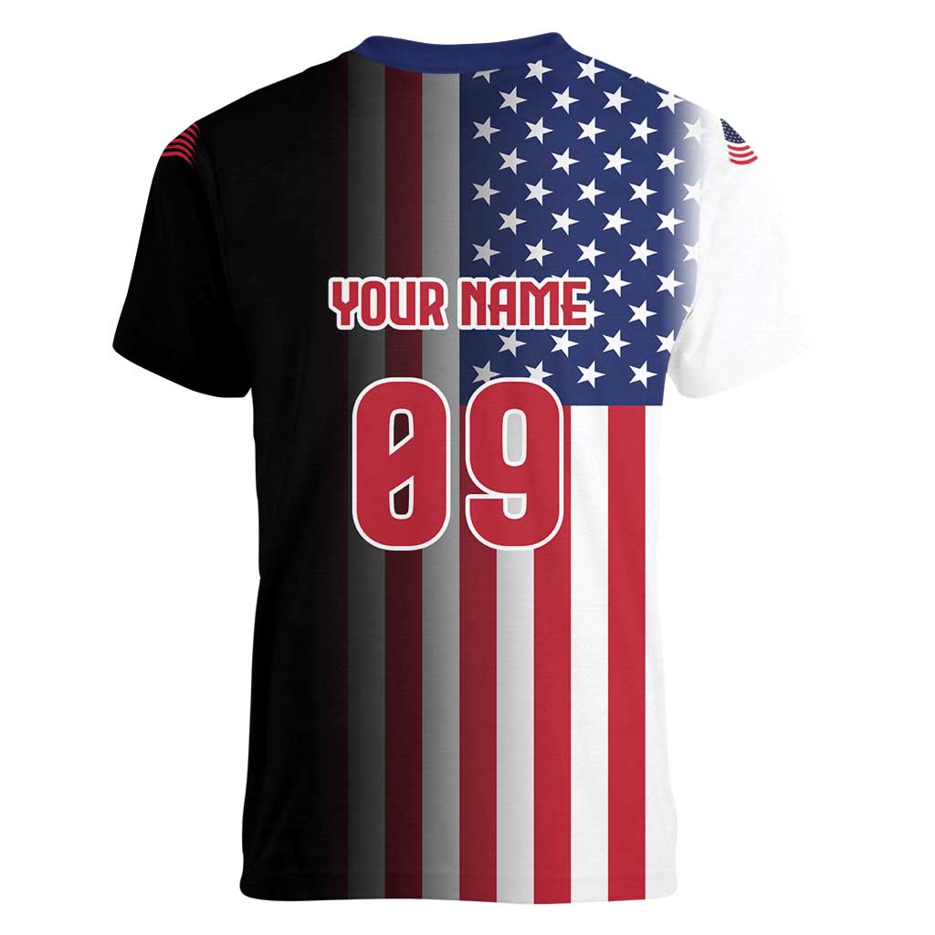 Custom Patriotic Eagle Motocross Women V-Neck T-Shirt with American Flag and Rider Design - Wonder Print Shop