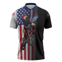 Custom Patriotic Eagle Motocross Zipper Polo Shirt with American Flag and Rider Design - Wonder Print Shop
