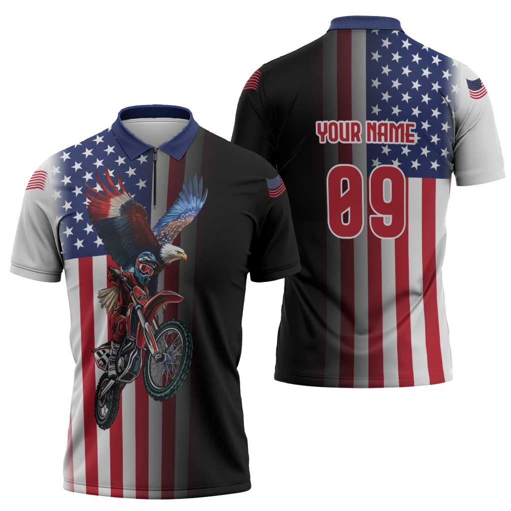 Custom Patriotic Eagle Motocross Zipper Polo Shirt with American Flag and Rider Design - Wonder Print Shop