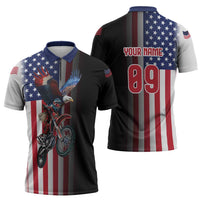 Custom Patriotic Eagle Motocross Zipper Polo Shirt with American Flag and Rider Design - Wonder Print Shop