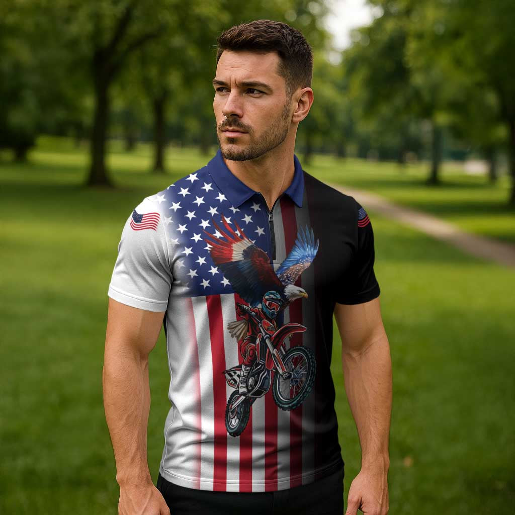 Custom Patriotic Eagle Motocross Zipper Polo Shirt with American Flag and Rider Design - Wonder Print Shop