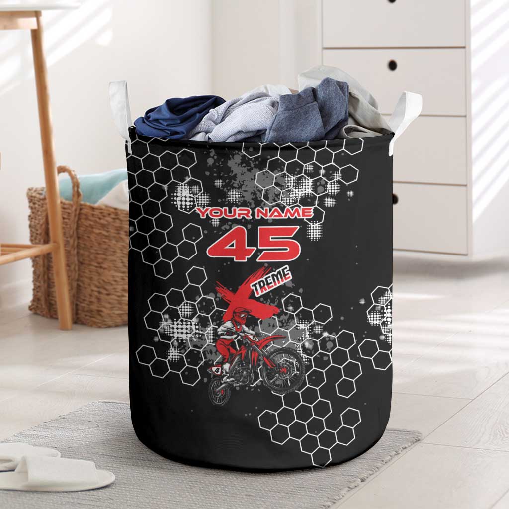 Custom Motocross Dirt Bike Laundry Basket with Red Rider and Honeycomb Grunge Design - Wonder Print Shop